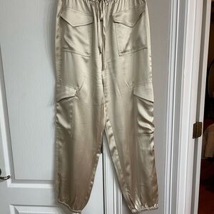 Satin Cargo Jogger Pants in Beige